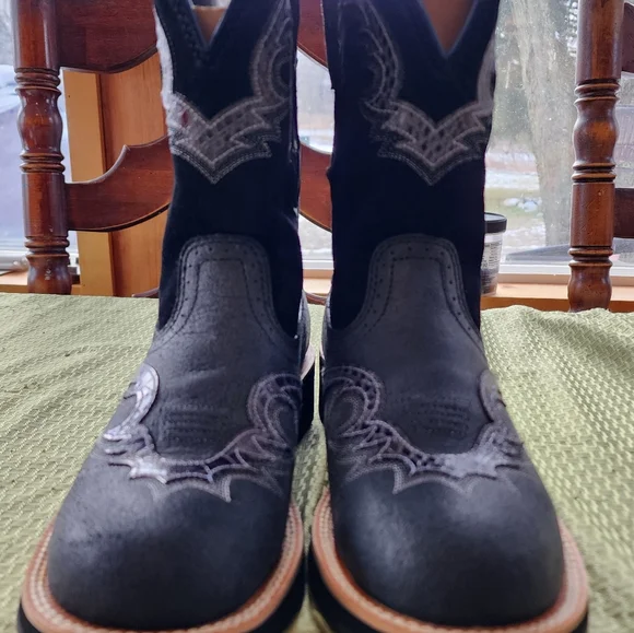 Ariat Showbaby Fatbaby U Turn Cowboy Boots Roughed Black Leather Suede Size 9.5 - Picture 13 of 15